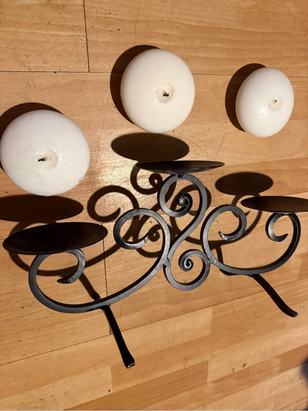 Decorative Black Scroll Metal Candle Holder with Cream Pillar Candles